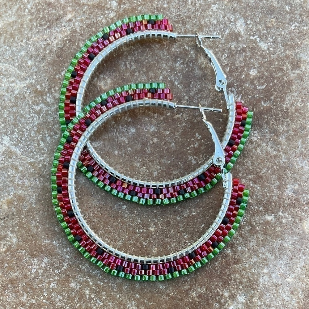 Red Watermelon 1 1/2” Beaded Hoops, New, Handmade by Me